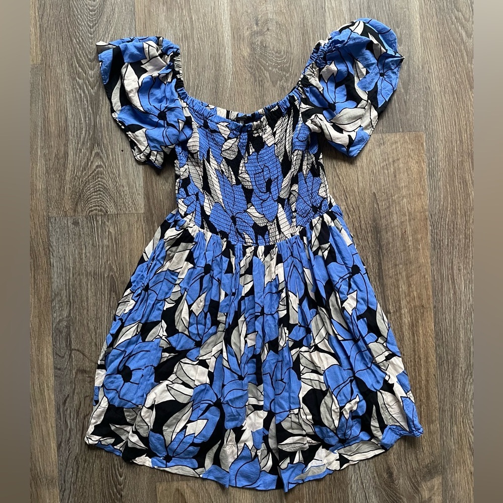Free People Blue Floral Smocked Mini Dress XS Puff Sleeve Boho Cottagecore